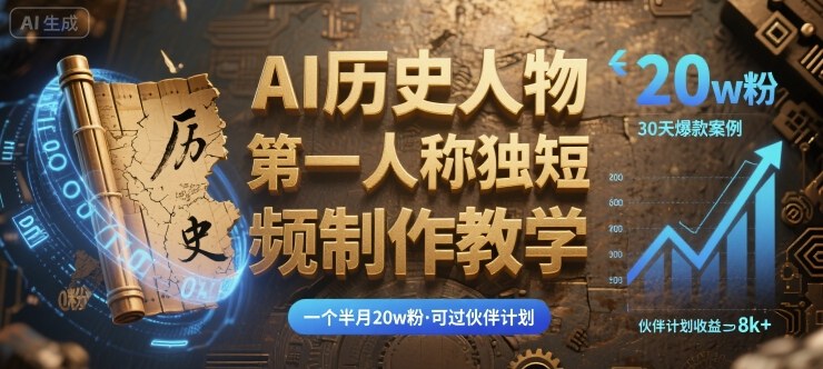 最新AI历史人物第一人称独白短视频制作教学，一个半月20w粉，可过伙伴计划-齐力副业