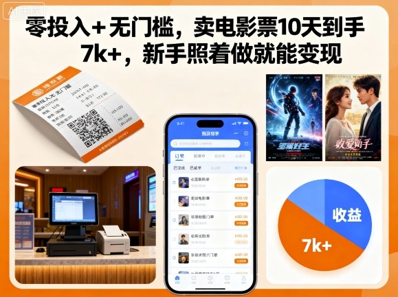 零投入+无门槛，卖电影票10天到手7k+，新手照着做就能变现【揭秘】-齐力副业