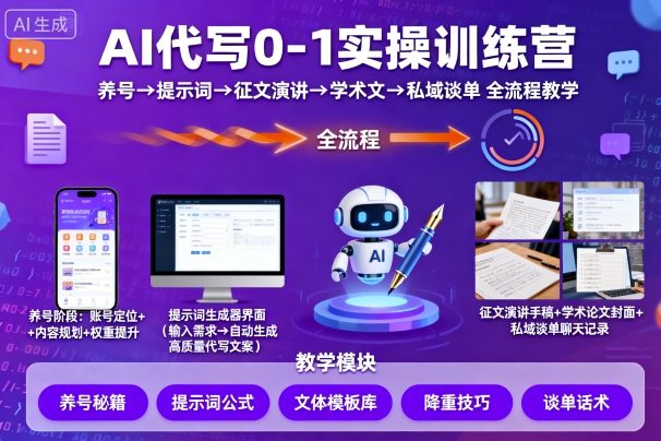 AI代写0-1实操训练营，从养号、提示词、征文演讲、学术文，到私域谈单的全流程教学-齐力副业