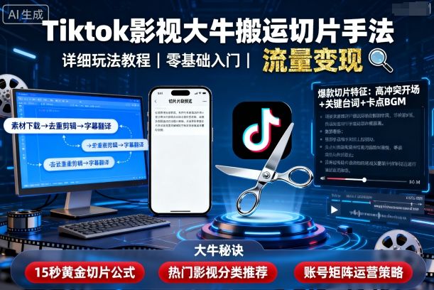 Tiktok影视大牛搬运切片手法，详细玩法教程-齐力副业