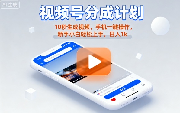 视频号分成计划懒人玩法，10秒生成视频，手机一键操作，新手小白轻松上手，日入1K【揭秘】-齐力副业
