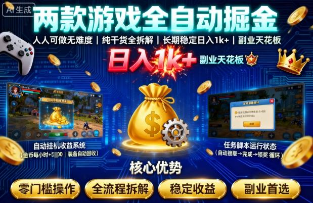 两款游戏全自动掘金，人人可做无难度，纯干货全拆解，长期稳定，日入1k+，副业天花板【揭秘】-齐力副业
