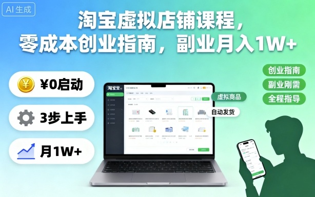 淘宝虚拟店铺课程，零成本创业指南，副业月入1W+-齐力副业
