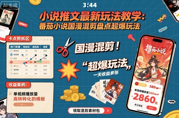 小说推文最新玩法教学，番茄小说国漫混剪盘点超爆玩法，全程干货，一天收益多张-齐力副业