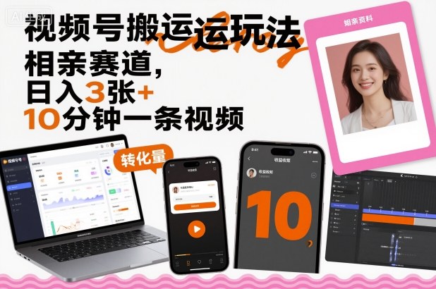 视频号搬运玩法，相亲赛道，日入3张+，10分钟一条视频-齐力副业