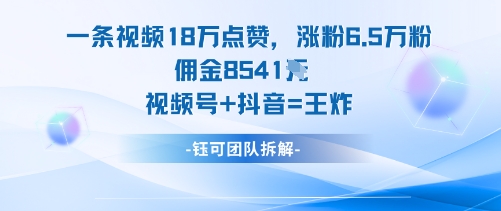 一条视频18W点赞，涨粉6.5W粉佣金8541米，视频号+抖音=王炸-齐力副业