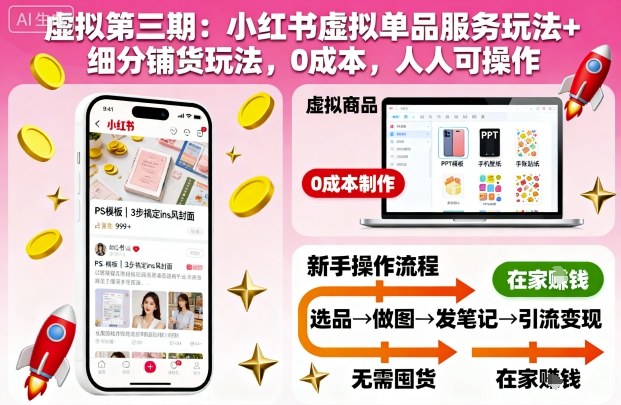虚拟第三期：小红书虚拟单品服务玩法+细分铺货玩法，0成本，人人可操作-齐力副业