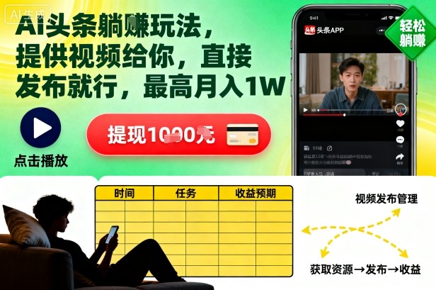 AI头条躺賺玩法，提供视频给你，直接发布就行，最高月入1W+【揭秘】-齐力副业