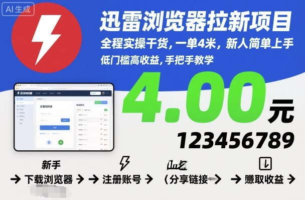 迅雷浏览器拉新项目，全程实操干货，一单4米，新人简单上手-齐力副业