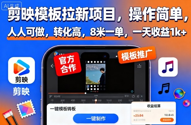 剪映模板拉新项目，操作简单，人人可做，转化高，8米一单，一天收益1k+-齐力副业