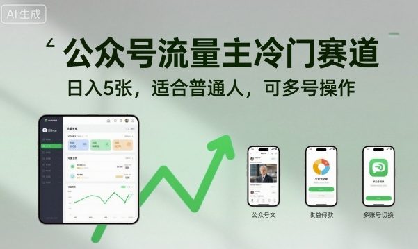 公众号流量主冷门赛道，日入5张，适合普通人，可多号操作-齐力副业