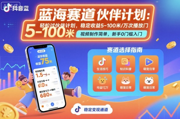 抖音蓝海赛道，轻松过伙伴计划，视频制作简单，万次播放收益在5-100米，稳定收益-齐力副业