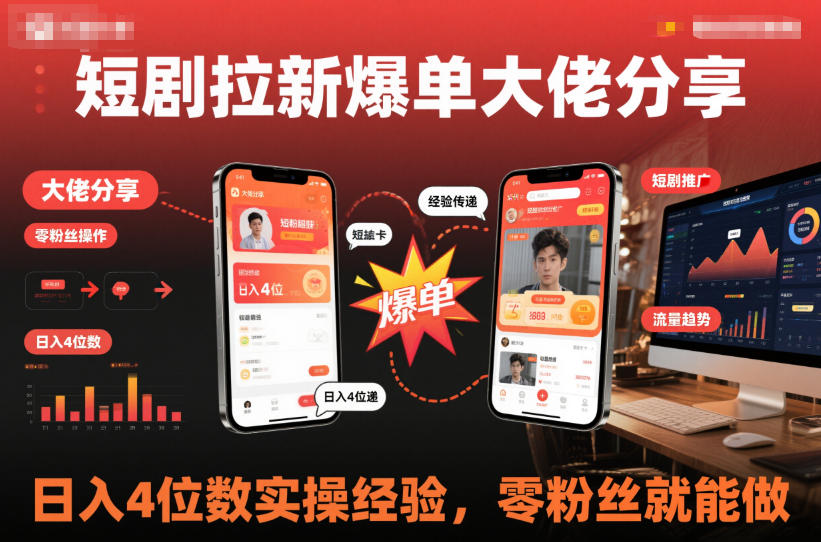短剧拉新爆单大佬分享日入4位数实操经验，零粉丝就能做-齐力副业