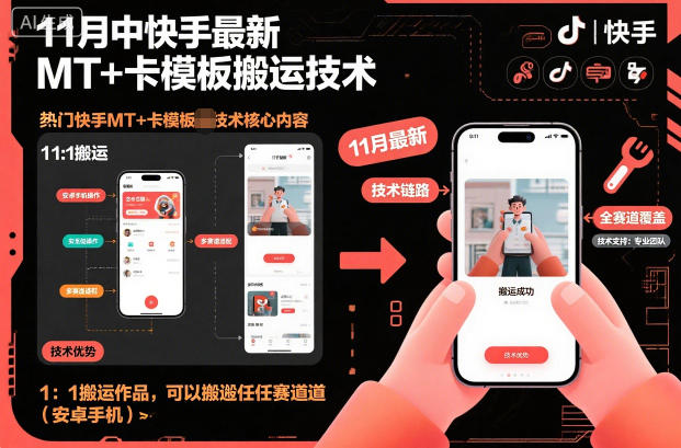 11月中快手最新MT+卡模板搬运技术，1：1搬运作品，可以搬运任何赛道（安卓手机）-齐力副业