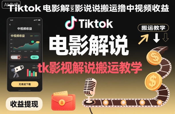 Tiktok电影解说搬运撸中视频收益，tk影视解说搬运教学-齐力副业