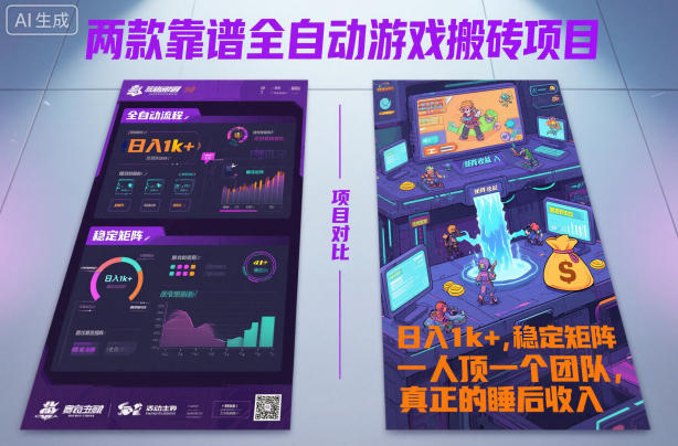 两款靠谱全自动游戏搬砖项目，日入1k+，稳定可矩阵，一人顶一个团队，真正的睡后收入【揭秘】-齐力副业