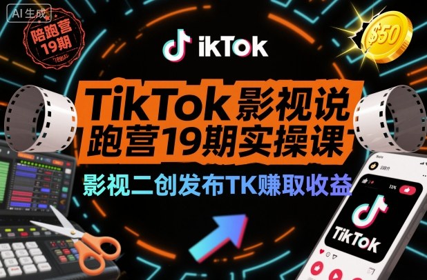 TikTok影视解说陪跑营19期实操课，影视二创发布TK賺取收益，万播收益50美金-齐力副业