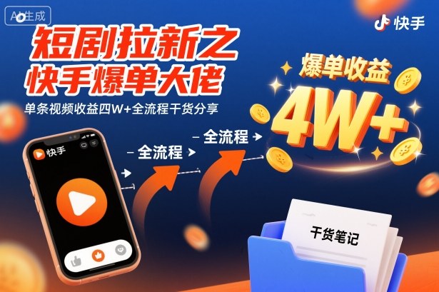 短剧拉新之快手爆单大佬单条视频收益四W+全流程干货分享-齐力副业