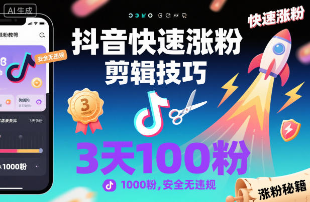 抖音快速涨粉剪辑技巧，3天1000粉，安全无违规-齐力副业