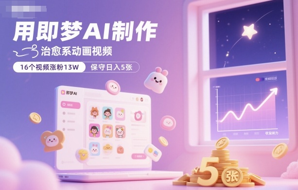 用即梦AI制作治愈系动画视频，16个视频涨粉13W，保守日入5张-齐力副业