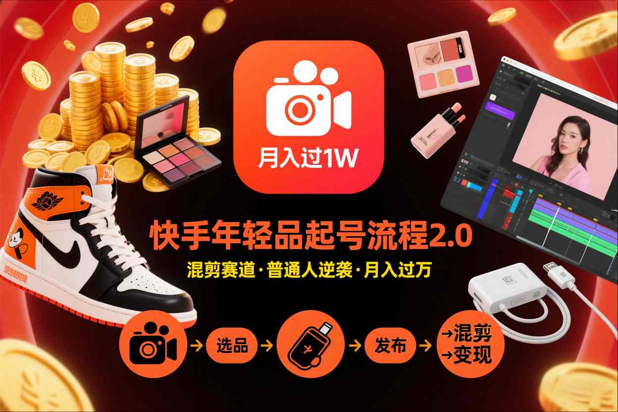 快手短视频带货年轻品起号流程2.0,快手年轻品混剪赛道,普通人也能月入过1W-齐力副业