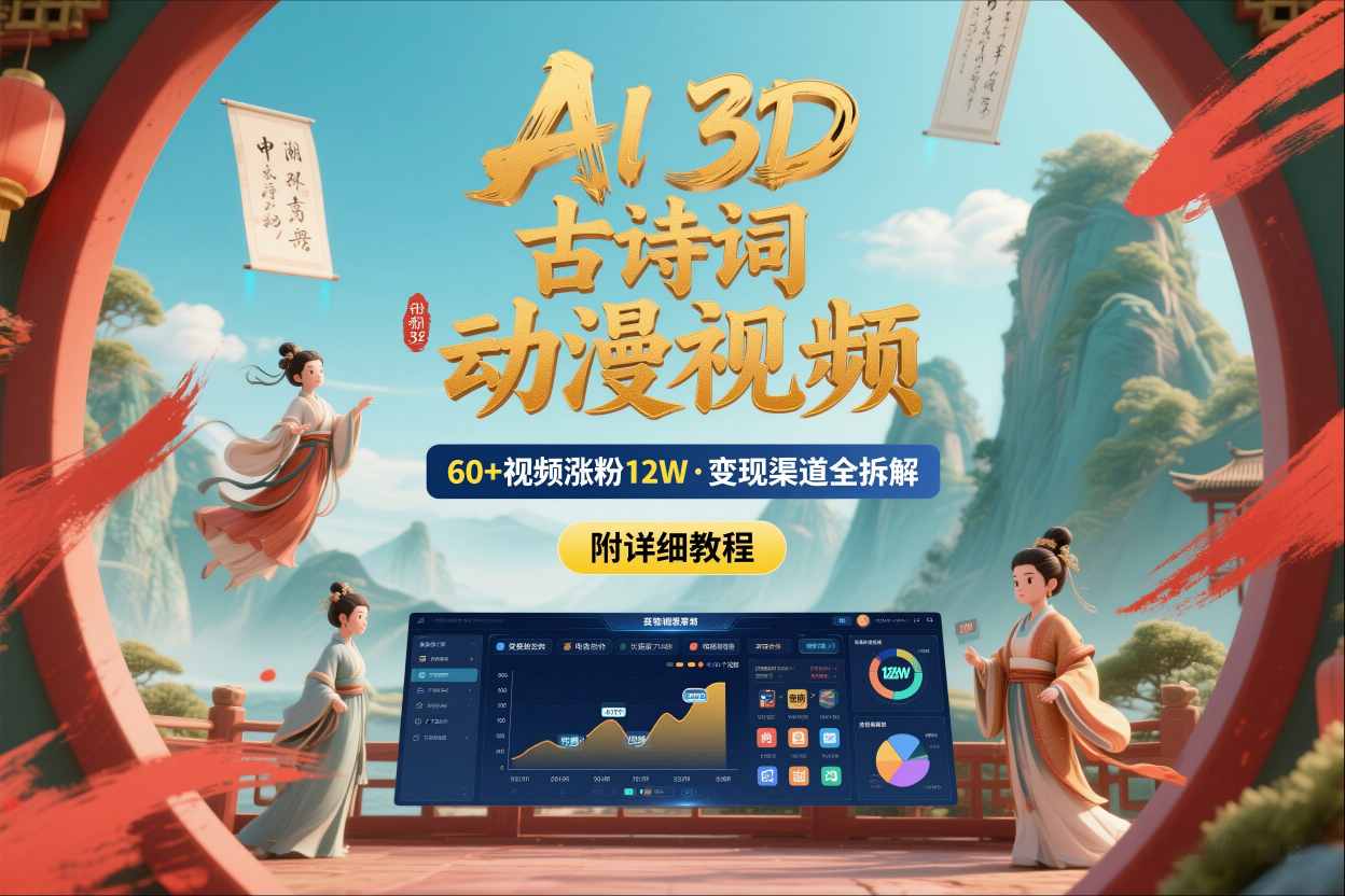 AI制作3D古诗词动漫视频，60多个视频涨粉12W，多个变现渠道拆解【附详细教程】-齐力副业