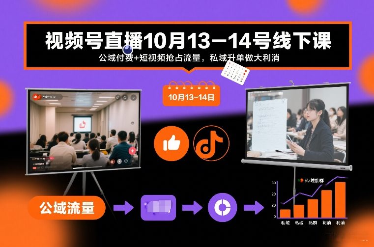视频号直播10月13-14号线下课，公域付费+短视频抢占流量，私域升单做大利消-齐力副业