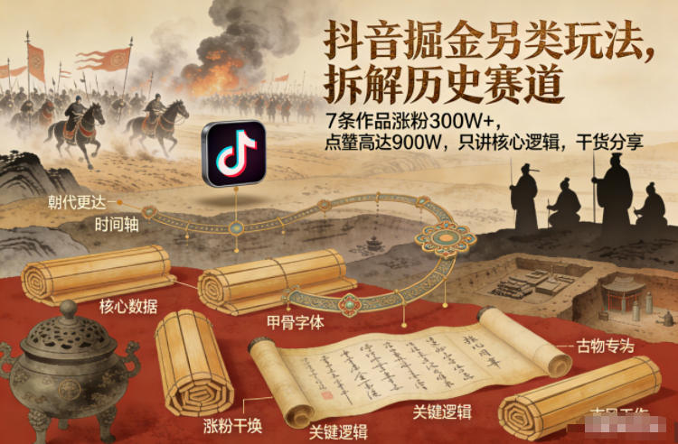 抖音掘金另类玩法，拆解历史赛道，7条作品涨粉300W+，点赞量高达900W，只讲核心逻辑，干货分享-齐力副业