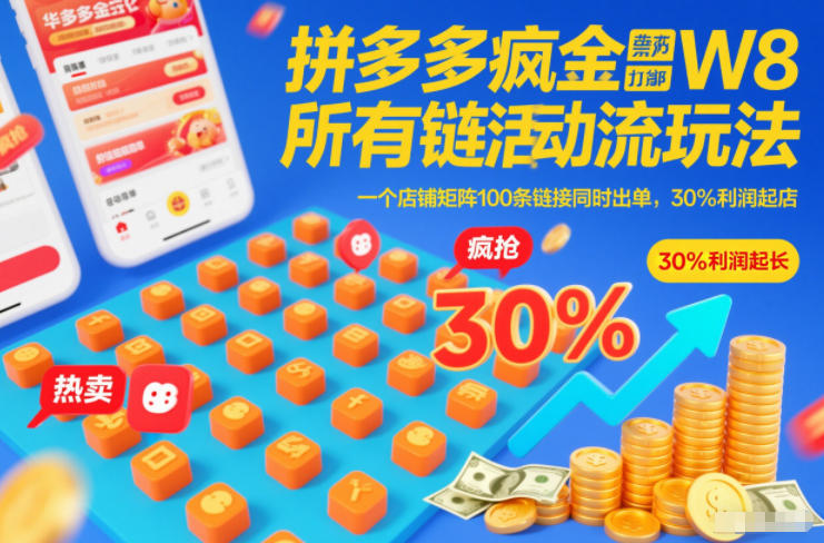 拼多多疯狂活动流玩法，所有链接全部打标，一个店铺矩阵100条链接同时出单，30%利润起店-齐力副业