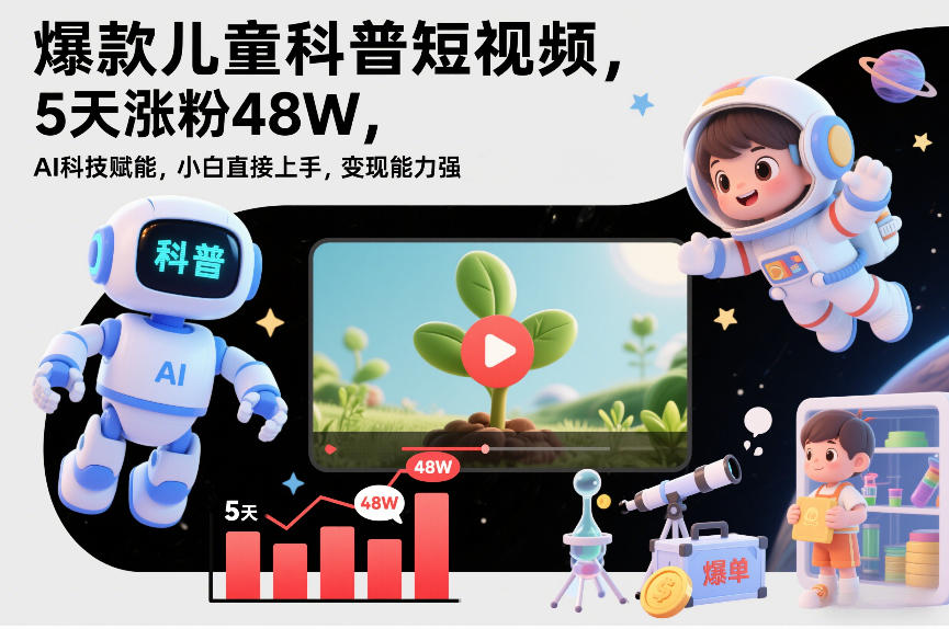 爆款儿童科普短视频，5天涨粉48W，AI科技赋能，小白直接上手，变现能力强，橱窗带货爆单不停-齐力副业