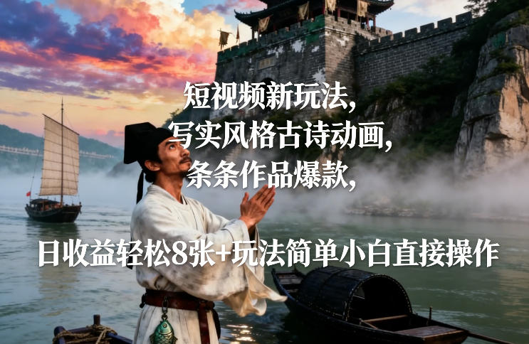 短视频新玩法，写实风格古诗动画，条条作品爆款，日收益轻松8张+玩法简单小白直接操作-齐力副业