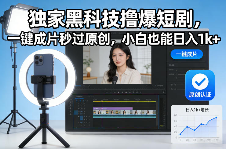独家黑科技撸爆短剧，一键成片秒过原创，小白也能日入1k+【揭秘】-齐力副业