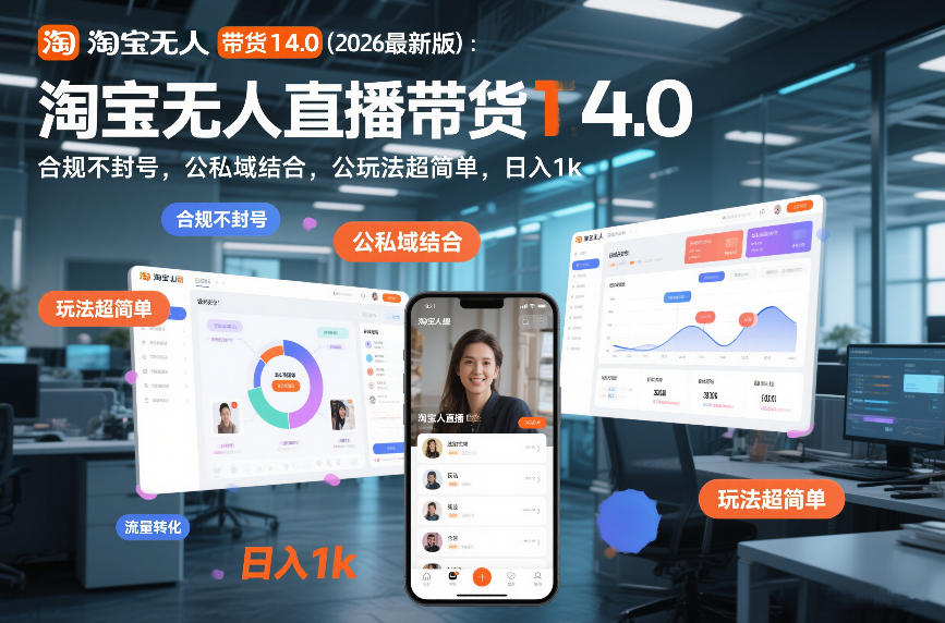 淘宝无人直播带货14.0（2026最新版）：合规不封号，公私域结合，玩法超简单，日入1k+【揭秘】-齐力副业