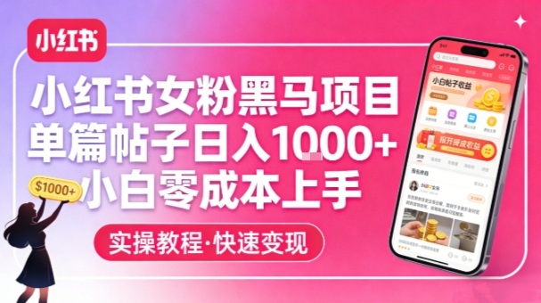 小红书女粉黑马项目,单篇帖子日入1k+,小白零成本上手-齐力副业