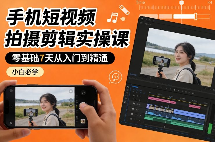 手机短视频拍摄剪辑实操课，零基础7天从入门到精通，小白必学-齐力副业