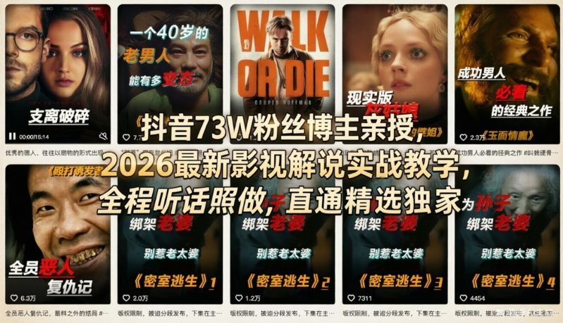 抖音73W粉丝博主亲授，2026最新影视解说实战教学，全程听话照做，直通精选独家-齐力副业