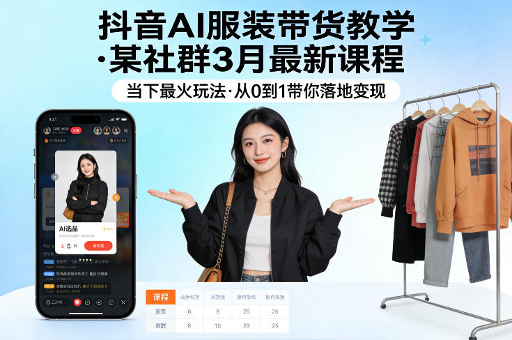 抖音AI服装带货教学，某社群3月最新课程，当下最火玩法，从0到1带你落地变现-齐力副业