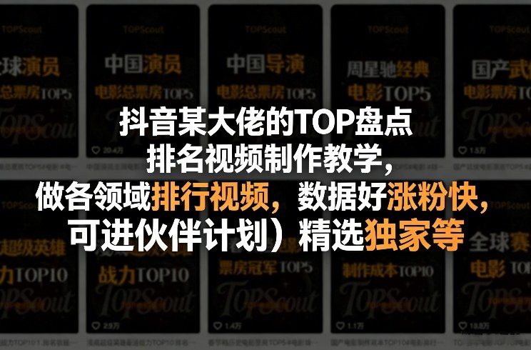 抖音某大佬的TOP盘点排名视频制作，做各领域排行视频，数据好涨粉快，可进伙伴计划＋精选独家等-齐力副业