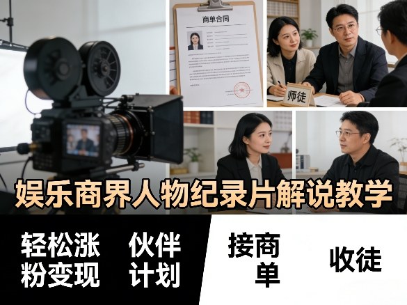 娱乐商界人物纪录片解说教学，轻松涨粉变现，伙伴计划，接商单，收徒等-齐力副业