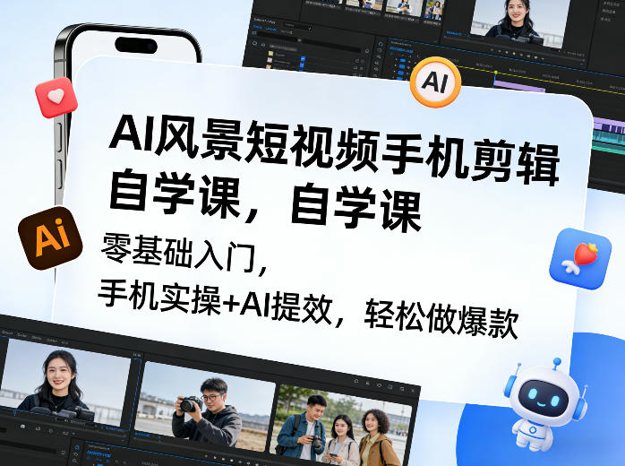 AI风景短视频手机剪辑自学课，零基础入门，手机实操+AI提效，轻松做爆款-齐力副业