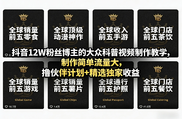 抖音12W粉丝博主的大众科普视频制作教学，制作简单流量大，撸伙伴计划+精选独家收益-齐力副业