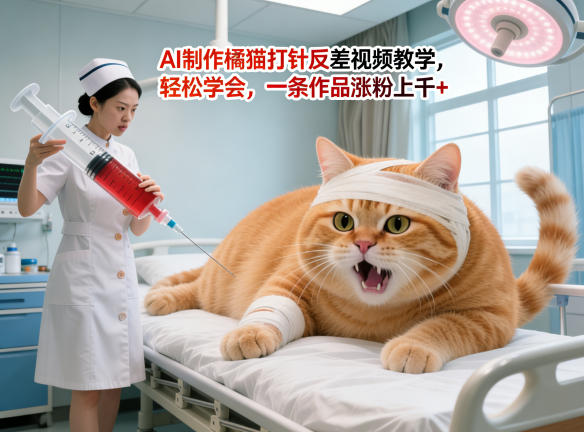 AI制作橘猫打针反差视频教学，轻松学会，一条作品涨粉上千+-齐力副业