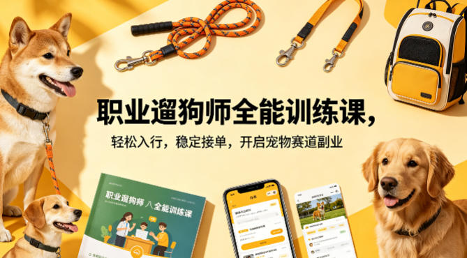 职业遛狗师全能训练课，轻松入行，稳定接单，开启宠物赛道副业-齐力副业
