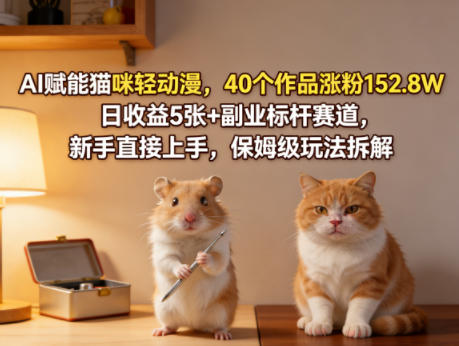 AI赋能猫咪轻动漫，40个作品涨粉152.8W，日收益5张+副业标杆赛道，新手直接上手，保姆级玩法拆解-齐力副业