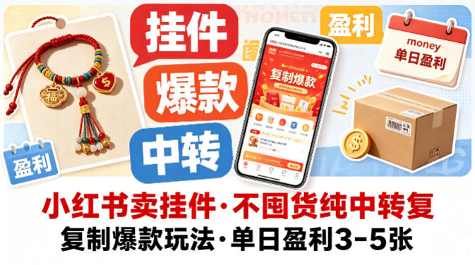 小红书卖挂件，不囤货纯中转复制爆款玩法，单日盈利3-5张-齐力副业