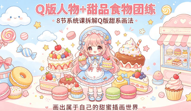 Q版人物+甜品食物团练，8节系统课拆解Q版甜系画法，画出属于自己的甜蜜插画世界-齐力副业