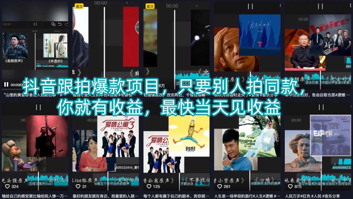 抖音跟拍爆款项目，只要别人拍同款，你就有收益，最快当天见收益-齐力副业