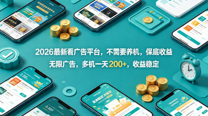 2026最新看广告平台，不需要养机，保底收益，无限广告，多机一天200+，收益稳定【揭秘】-齐力副业