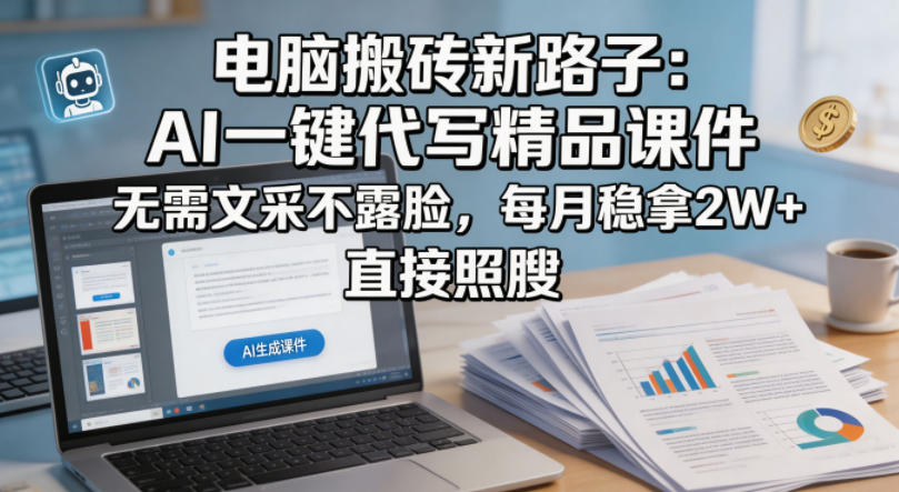 电脑搬砖新路子：AI一键代写精品课件，无需文采不露脸，每月稳拿2W+，直接照搬-齐力副业