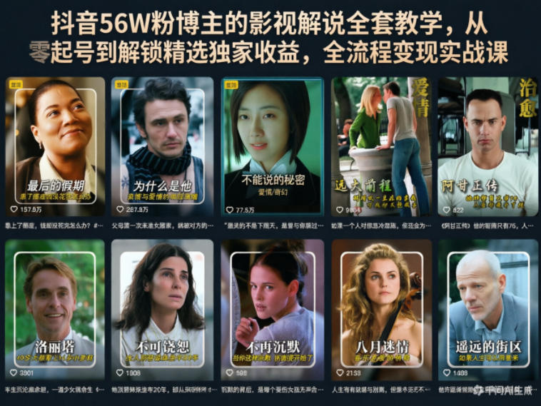 抖音56W粉博主的影视解说全套教学，从零起号到解锁精选独家收益，全流程变现实战课-齐力副业